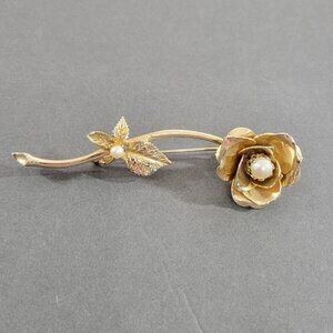 Vintage Long Stem Rose Brooch Faux Pearl Gold Tone 4" Fairy Feminine Cottage